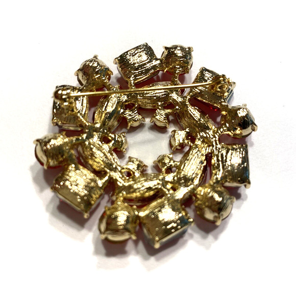Red Rhinestone Wreath Brooch Gold Circle Statement Pin Classic Mid Century Look - Picture 3 of 6